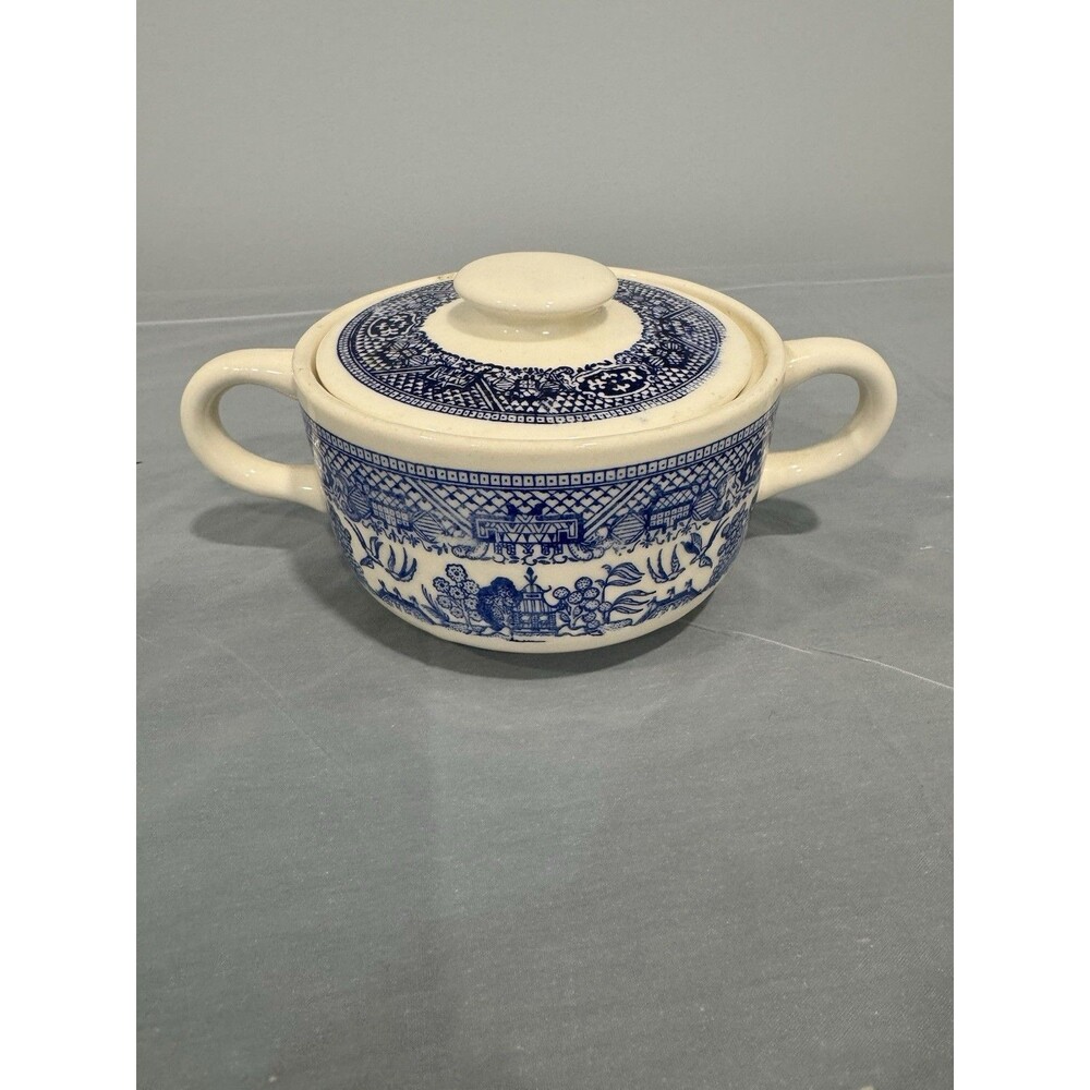 Antique Blue White Covered Soup Bowl Tureen | Asian Scenic Pattern | Handles
